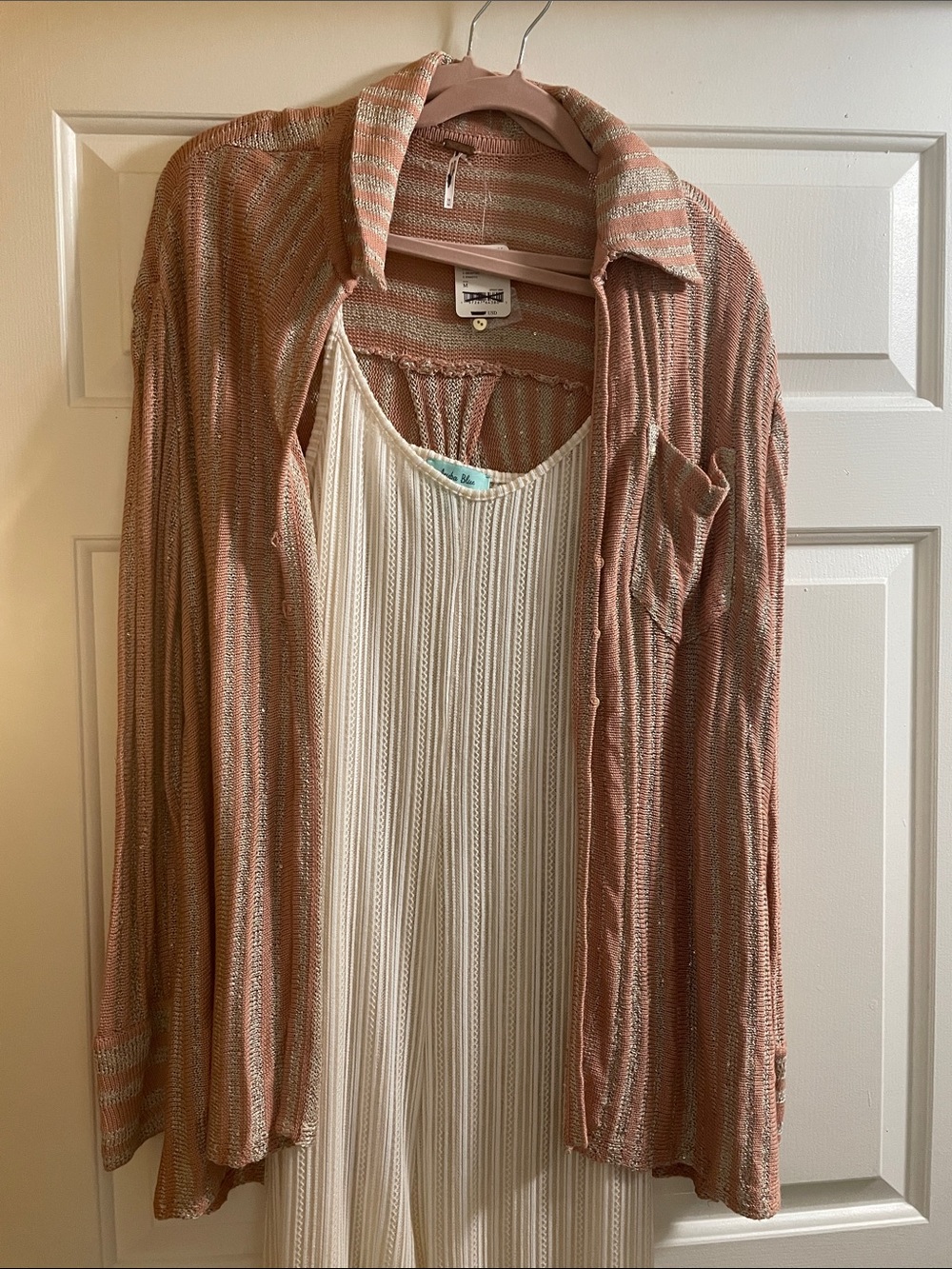 Free People Dusty Pink Striped Open-Knit Button-Down Top